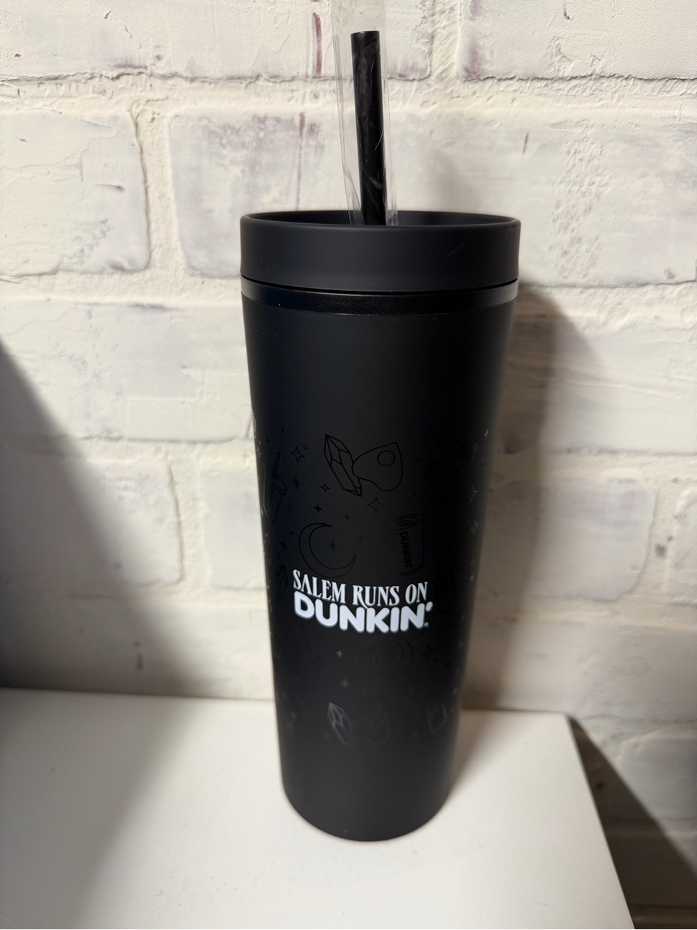 Salem Runs on Dunkin - Black Travel Tumbler with lid and straw NEW